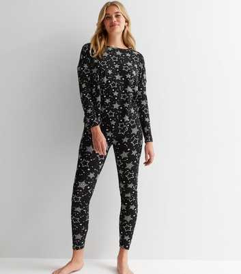 Tall Black Soft Touch Legging Pyjama Set with Star Print