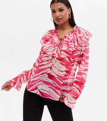 Pink Chevron Chiffon Frill Blouse | New 