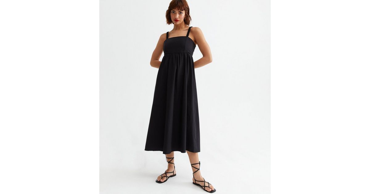 Black Poplin Open Back Strappy Midi Dress | New Look
