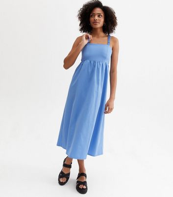 Blue Poplin Open Back Strappy Midi Dress