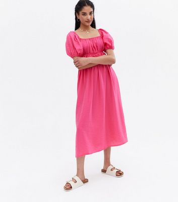 Damen Bekleidung Bright Pink Ruched Square Neck Midaxi Dress