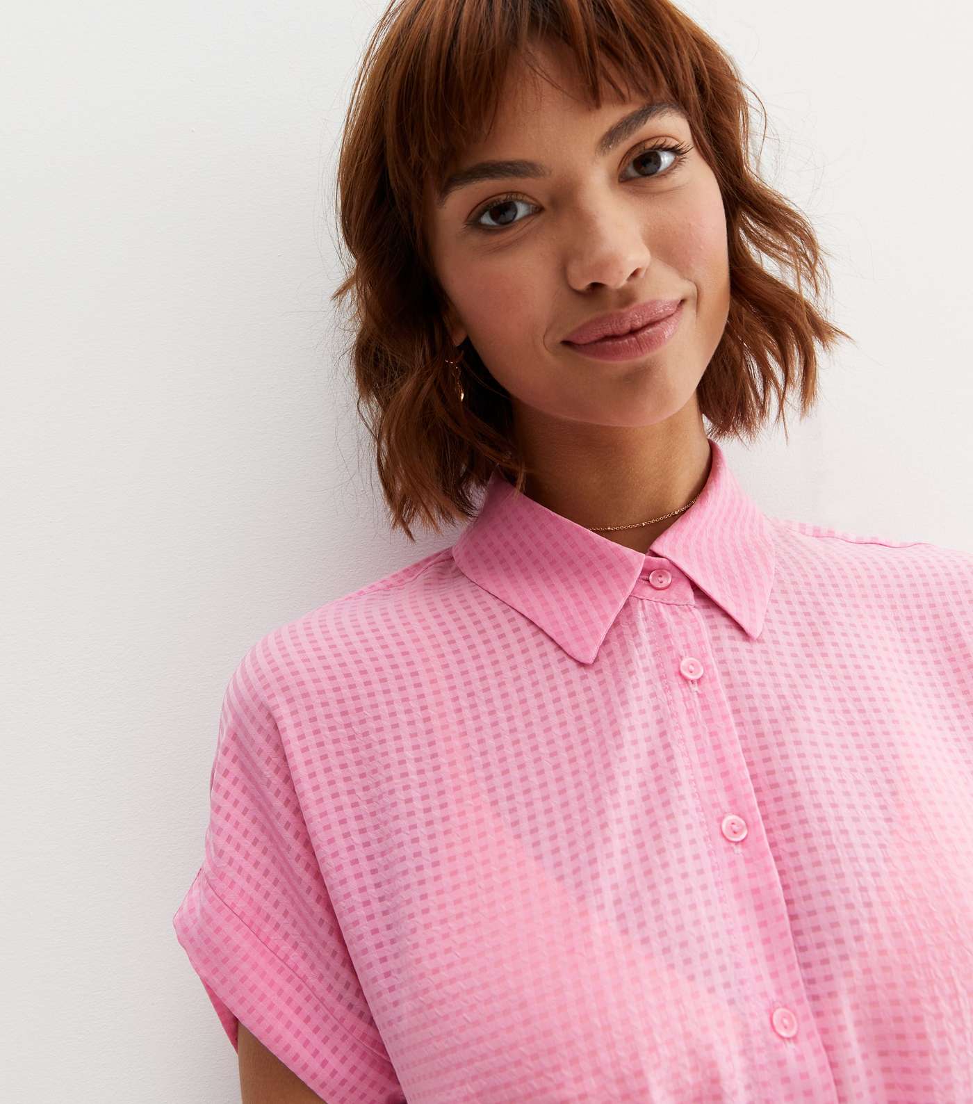 Bright Pink Check Tie Front Short Sleeve Shirt Image 3
