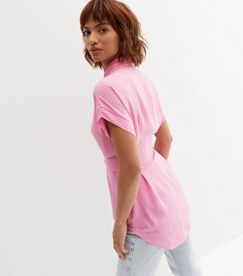 Damen Bekleidung Bright Pink Check Tie Front Short Sleeve Shirt
