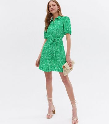 Green Animal Print Belted Mini Shirt Dress New Look