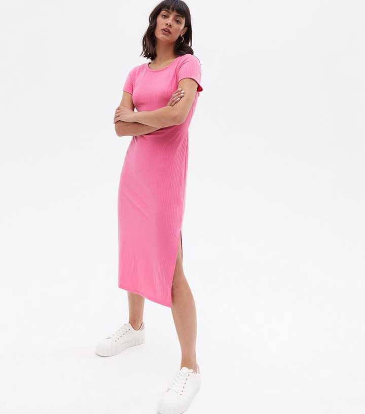 strapless open back dress Pink Ribbed Midi Dress