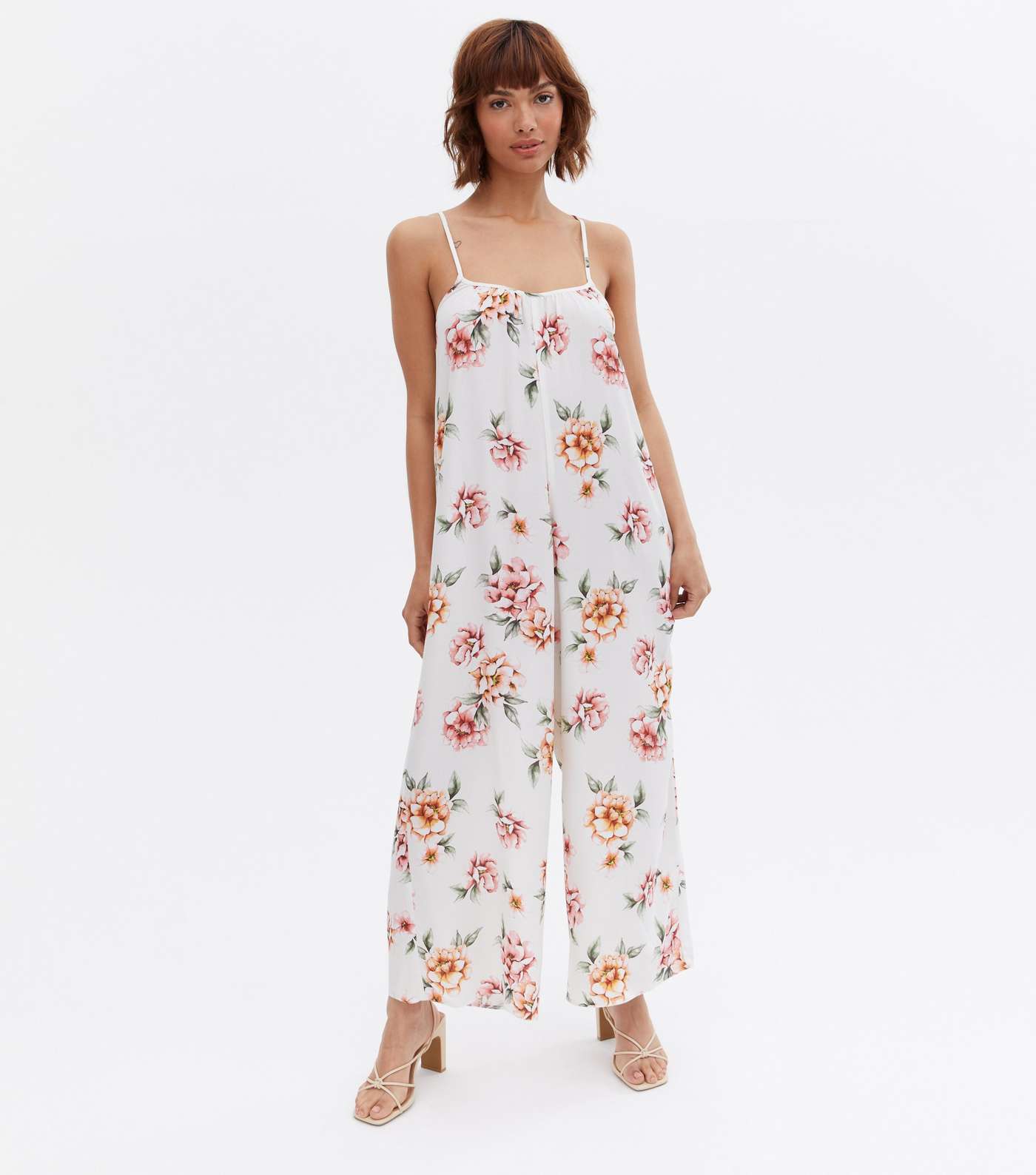 White Floral Strappy Oversized Crop Jumpsuit Image 2
