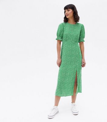 Green ditsy floral midi dress sale