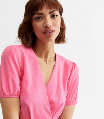 Cameo Rose Bright Pink Peplum Wrap Blouse New Look