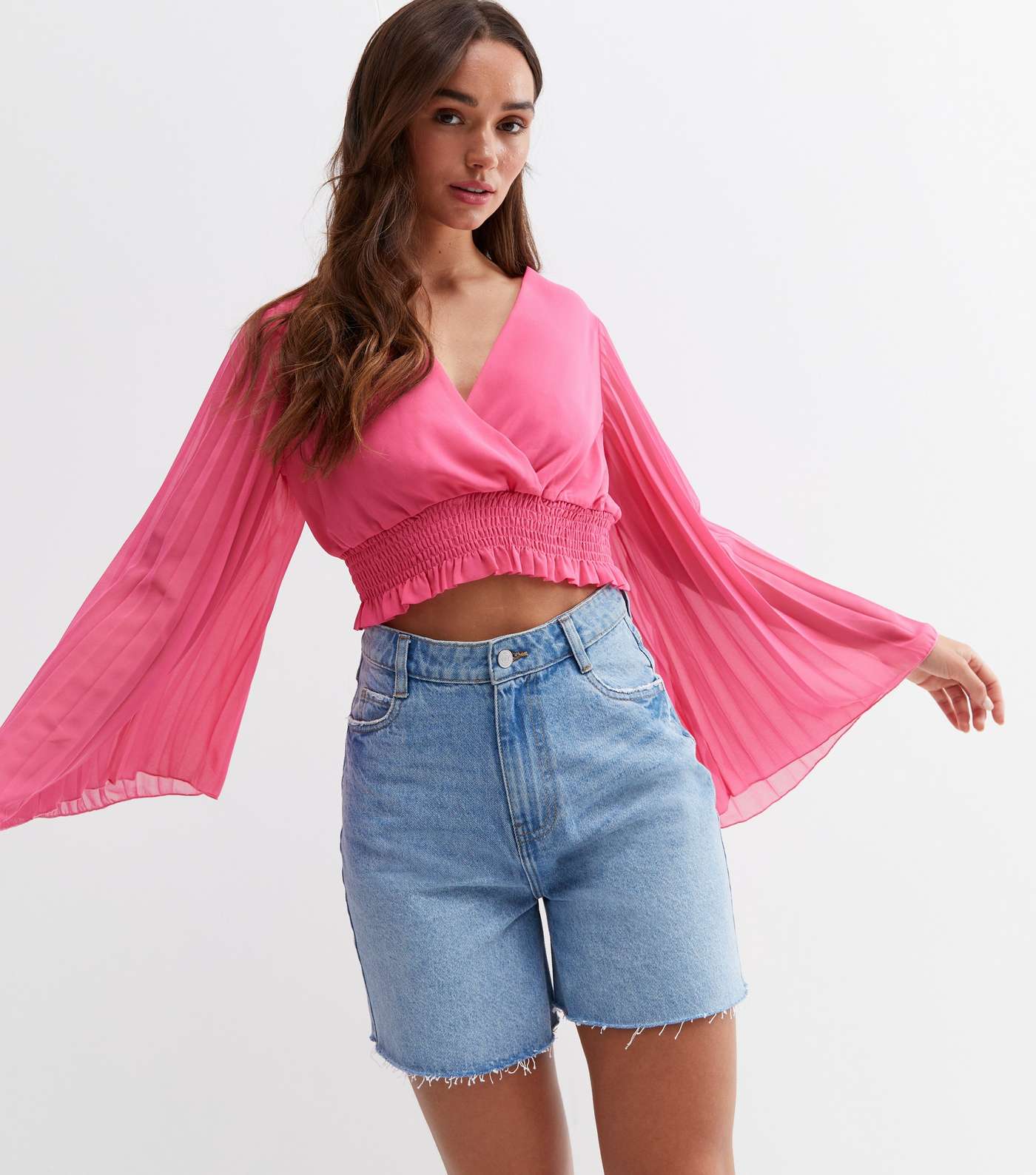 Cameo Rose Bright Pink Pleated Sleeve Crop Wrap Top