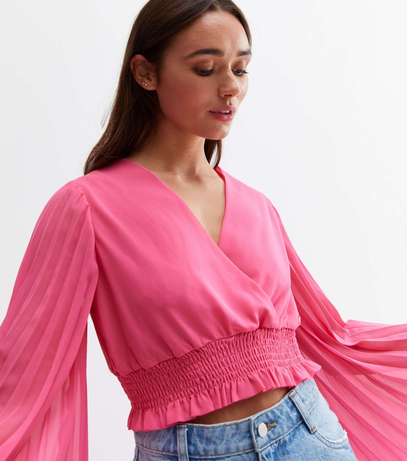 Cameo Rose Bright Pink Pleated Sleeve Crop Wrap Top Image 3