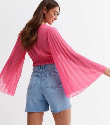 Cameo Rose Bright Pink Pleated Sleeve Crop Wrap Top New Look