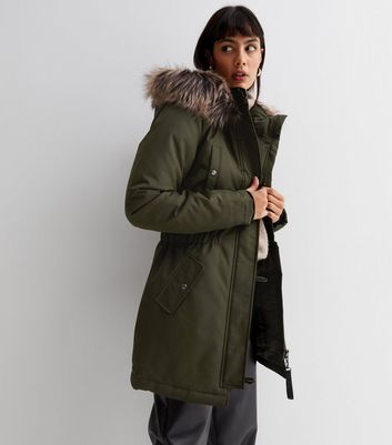 ONLY Tall Khaki Faux Fur Trim Hooded 