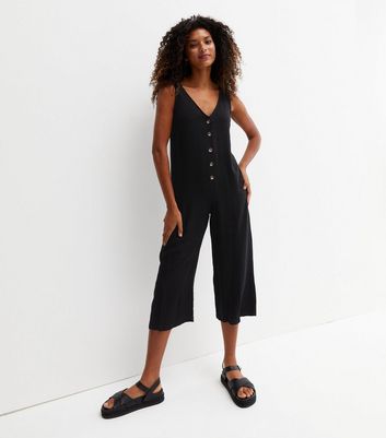 Black Linen-Look Button Sleeveless Crop Jumpsuit New Look