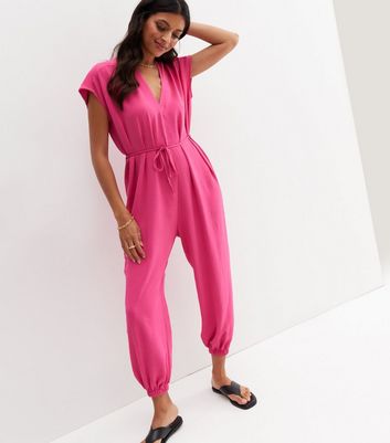 Bright Pink Crinkle Tie Waist V Neck 