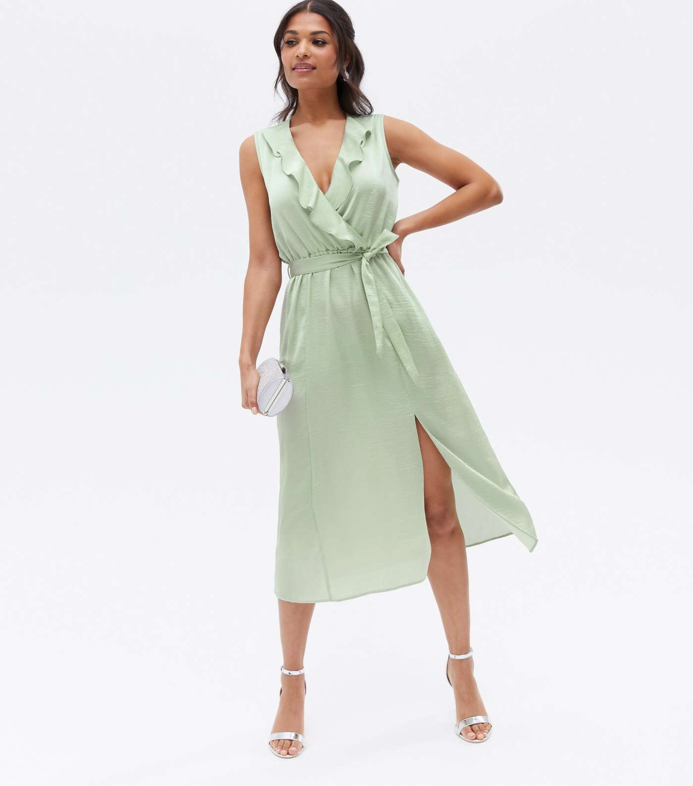 Light Green Satin Sleeveless Ruffle Midi Wrap Dress