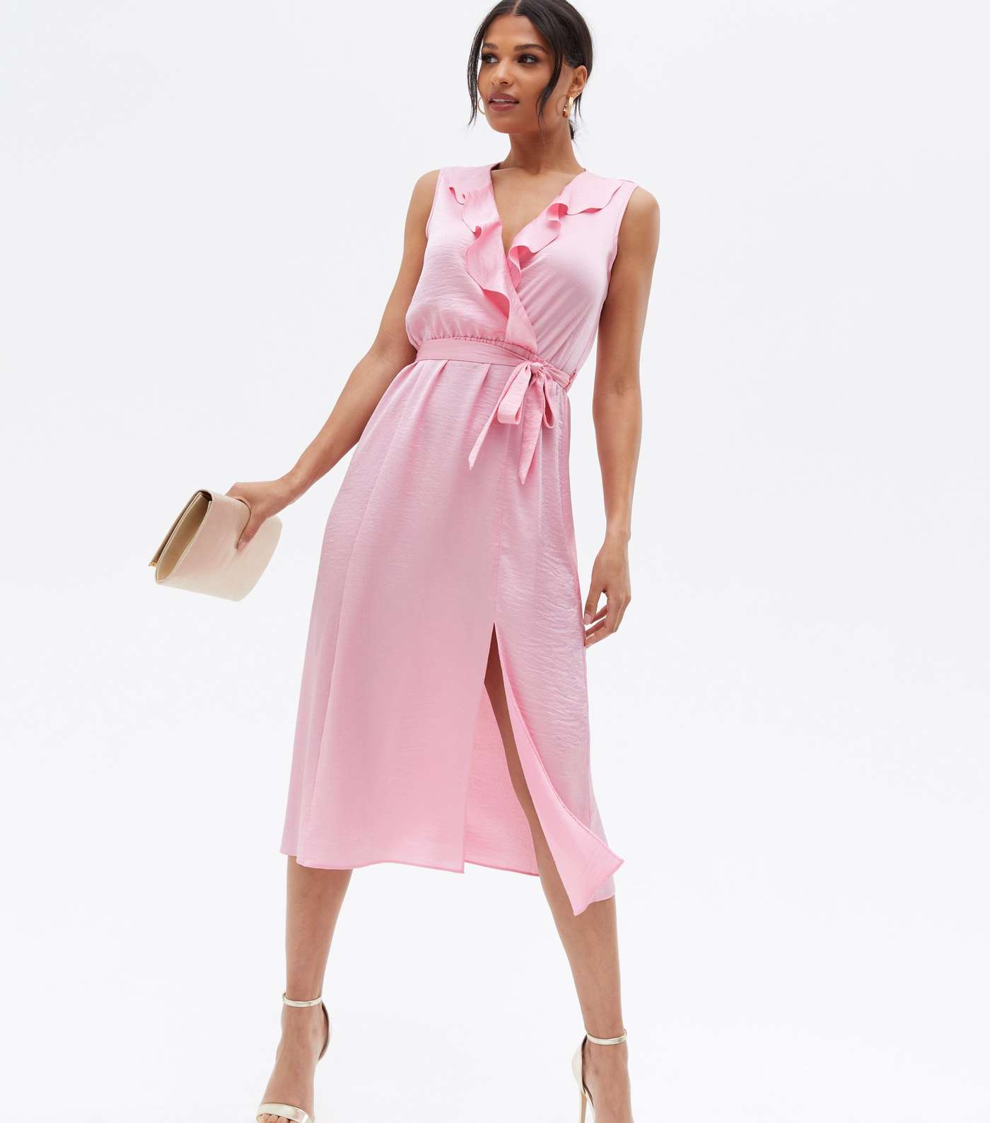 Pale Pink Satin Sleeveless Ruffle Midi Wrap Dress Image 3