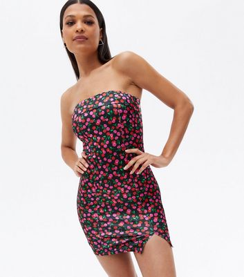 Black Cherry Satin Bandeau Mini Bodycon Dress New Look