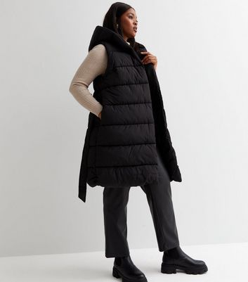 Curves Black Long Hooded Belted Gilet 