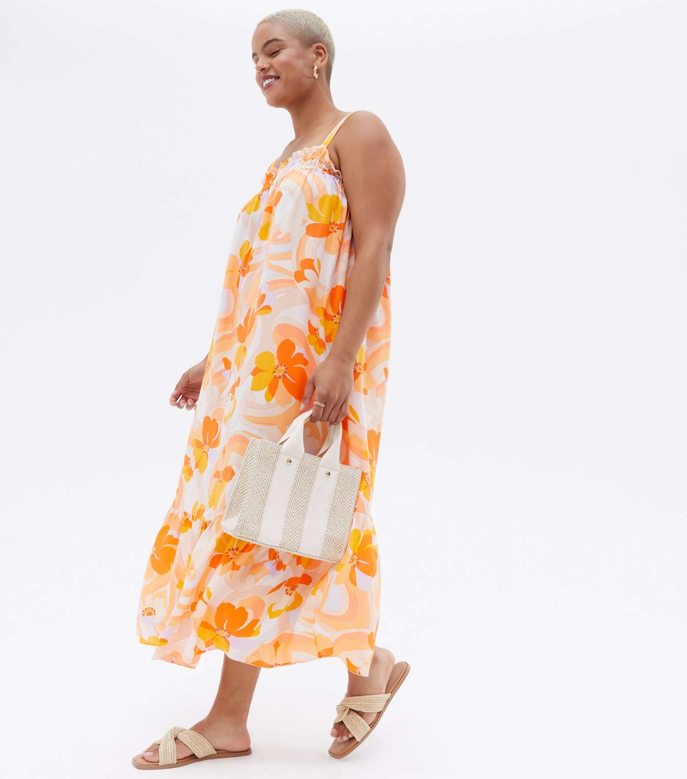 Curves Orange Floral Tiered Strappy Midi Dress Image 2