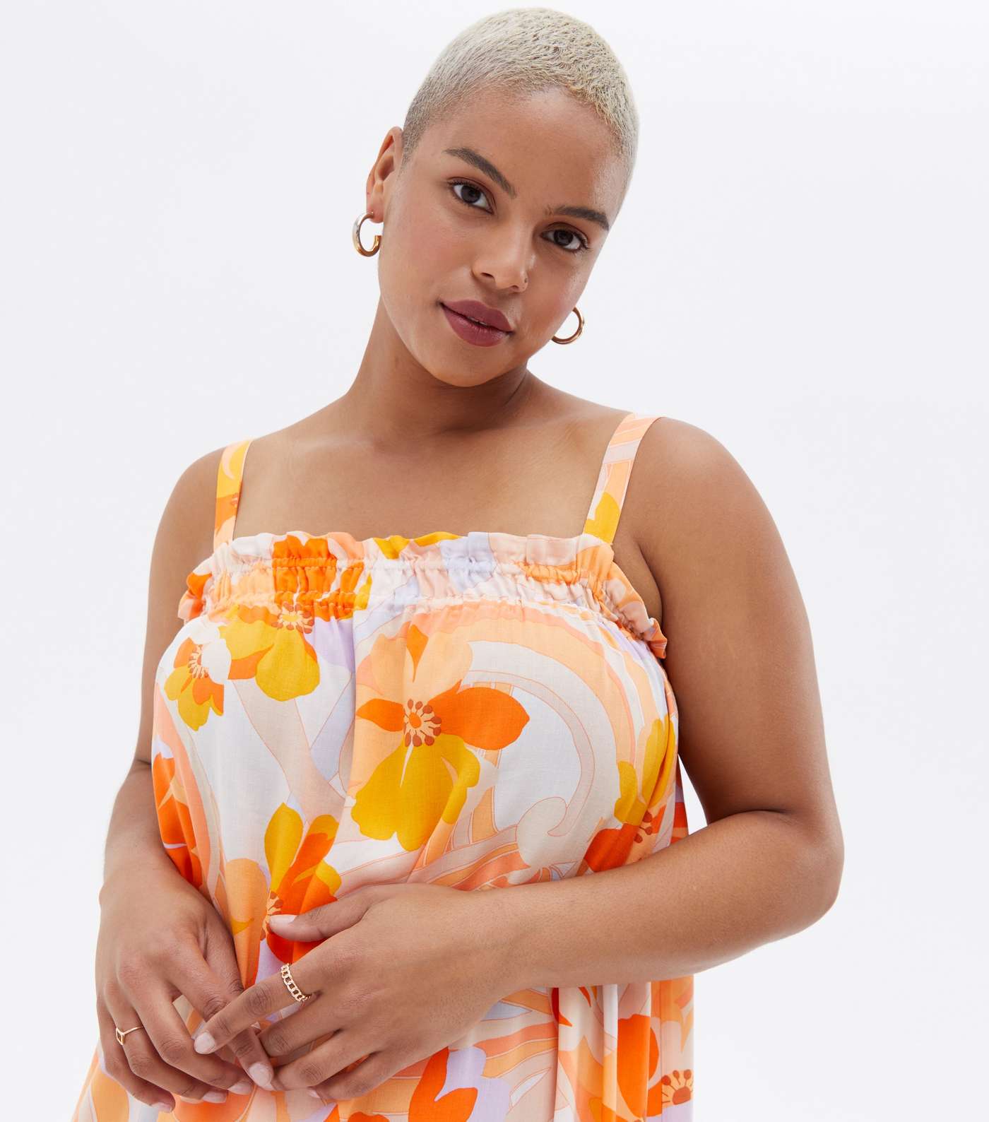 Curves Orange Floral Tiered Strappy Midi Dress Image 4