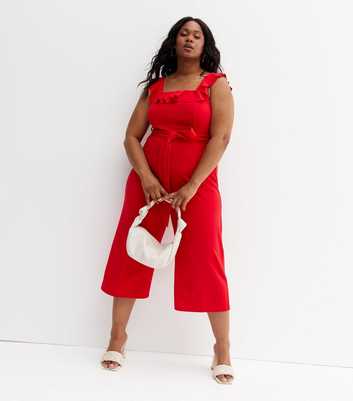 Curves Red Ruffle Square Neck Wide Leg Crop Jumpsuit