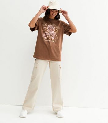 Dark Brown Floral World Tour Oversized Logo T Shirt New Look