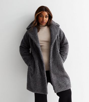 Curves Dark Grey Faux Fur Long Coat 