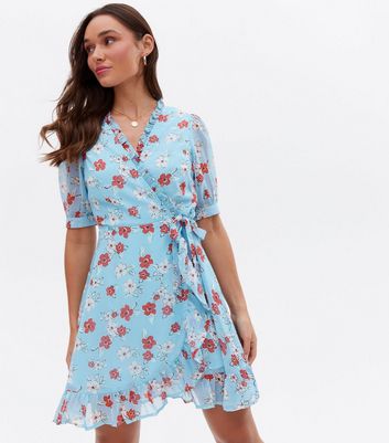 Light blue discount floral wrap dress