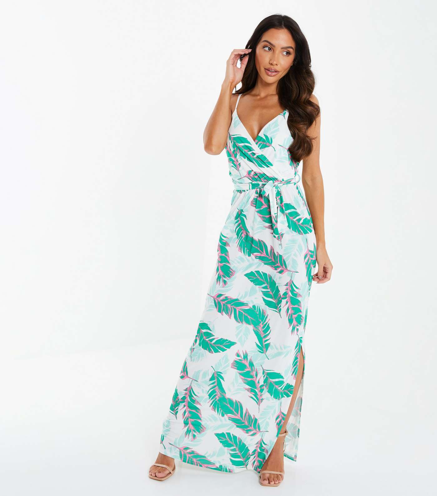 QUIZ Green Tropical Tie Waist Maxi Wrap Dress