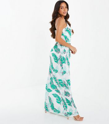 white and green palm leaf dress