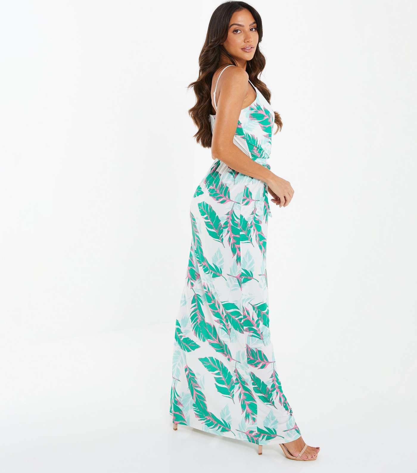 QUIZ Green Tropical Tie Waist Maxi Wrap Dress Image 3