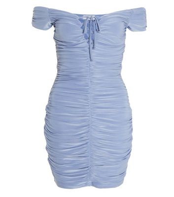 Quiz Pale Blue Ruched Tie Front Bardot Bodycon Dress New Look