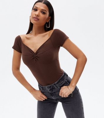 Dark Brown Soft Ribbed Twist Front T Shirt New Look