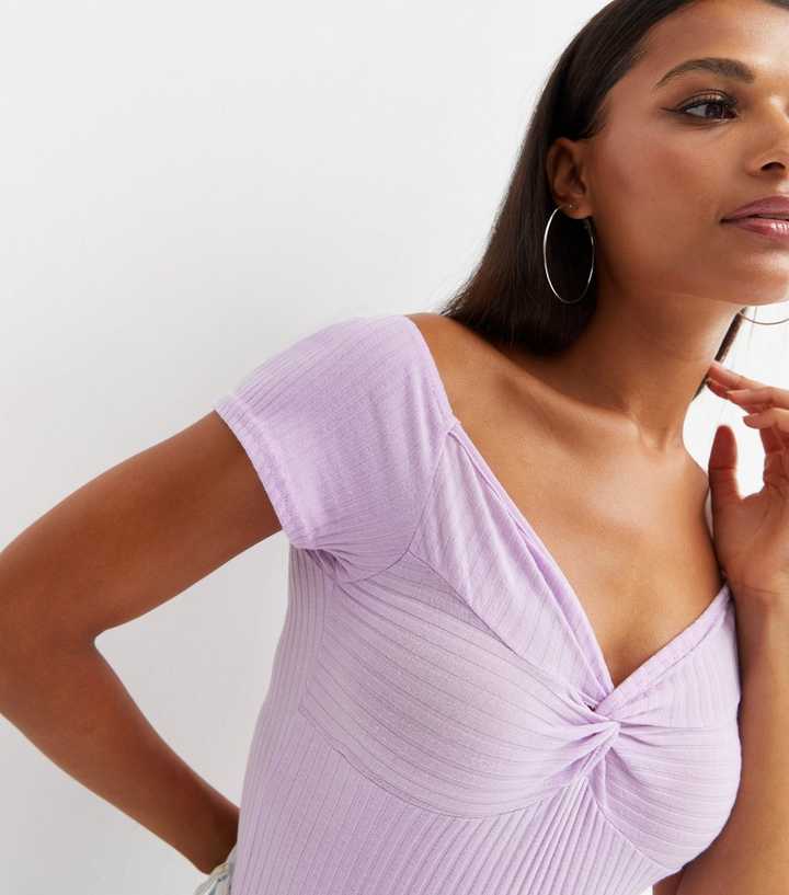 Lilac Ribbed Plunge Neck Bodysuit