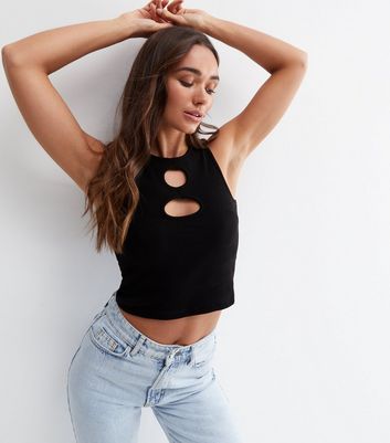 Black Ribbed Cut Out Crop Racer Vest New Look