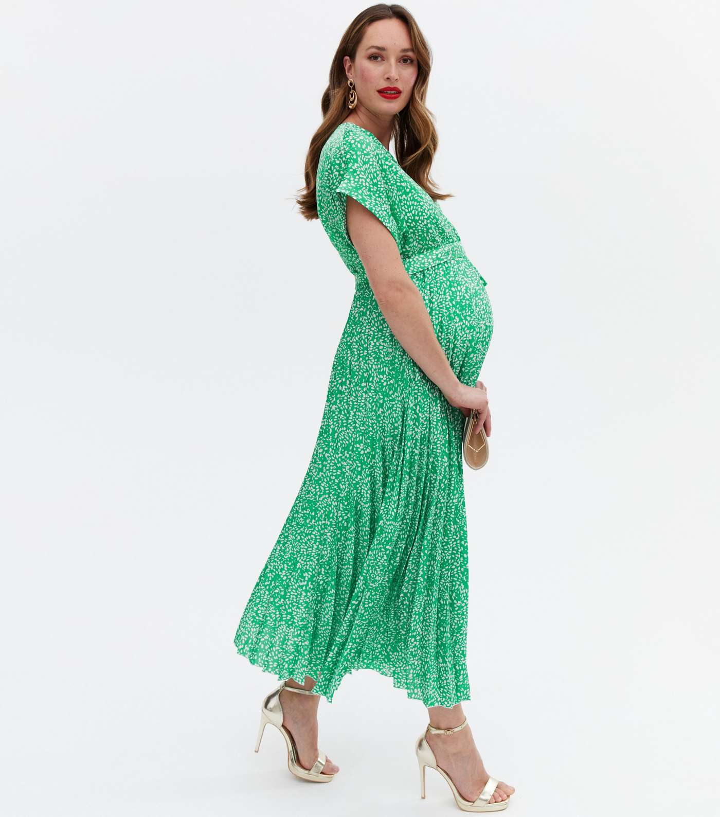 Maternity Green Animal Print Satin Pleated Midi Wrap Dress