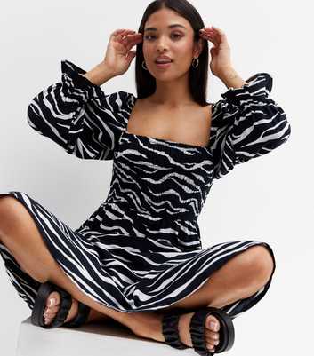 Petite Black Zebra Print Linen-Look Long Sleeve Midi Dress