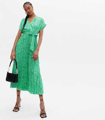 Tall Green Animal Print Satin Pleated Midi Wrap Dress
