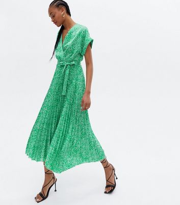 Tall Green Animal Print Satin Pleated Midi Wrap Dress New Look