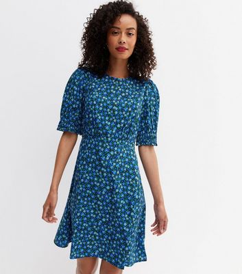 Tall Blue Ditsy Floral Crepe Tie Back Mini Dress | New Look