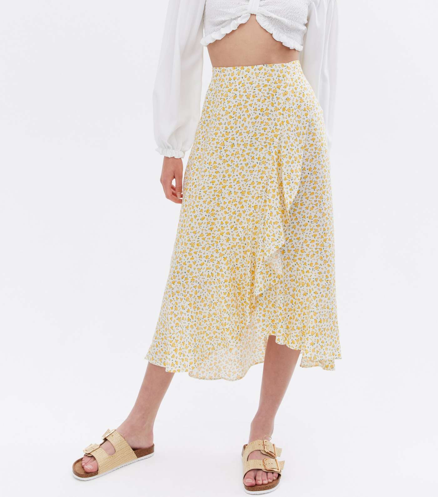 Yellow Ditsy Floral Ruffle Wrap Midi Skirt Image 2