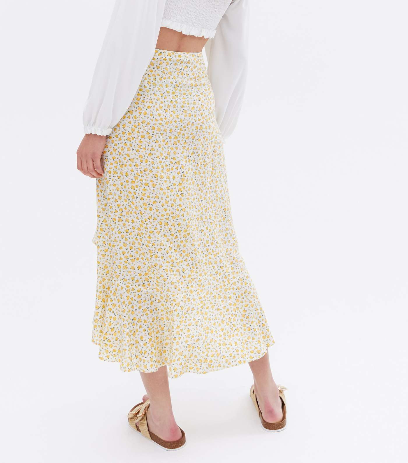 Yellow Ditsy Floral Ruffle Wrap Midi Skirt Image 4