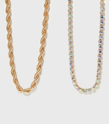 2 Pack Gold Diamanté Chain Necklaces 