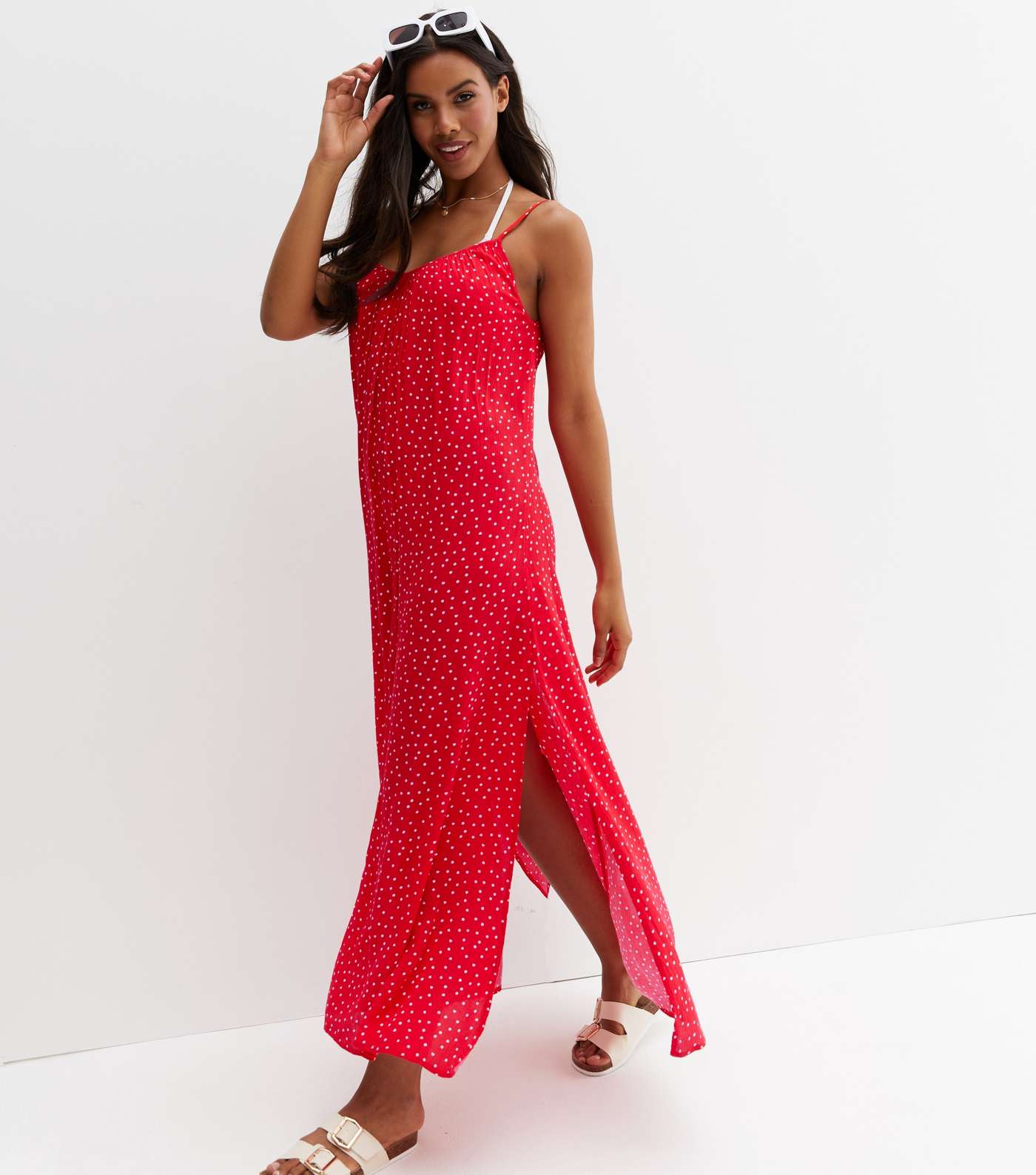 Red Spot Strappy Maxi Beach Dress Image 2