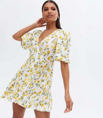 One Shoulder Short Dress with Cut-Out Detail Lemon Print | Jolovies