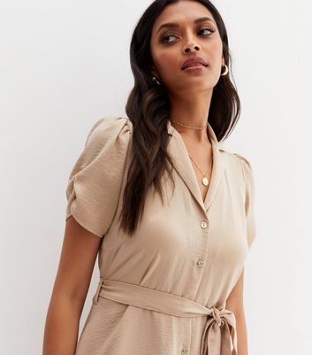 Camel Tie Waist Mini Shirt Dress | New Look