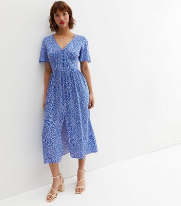 Blue Ditsy Floral Button Front Midi Dress