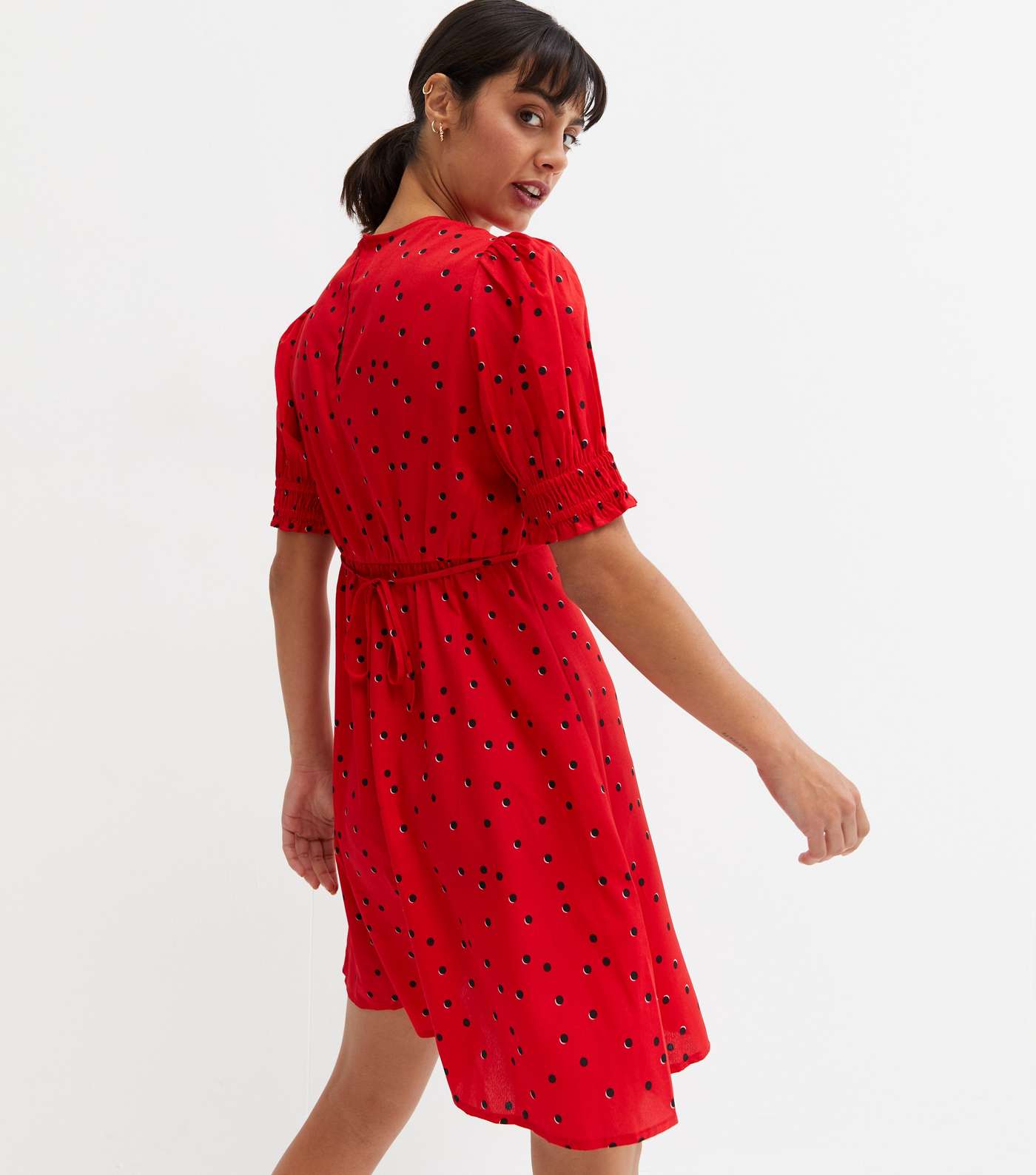 Red Spot Crepe Short Puff Sleeve Mini Dress Image 4