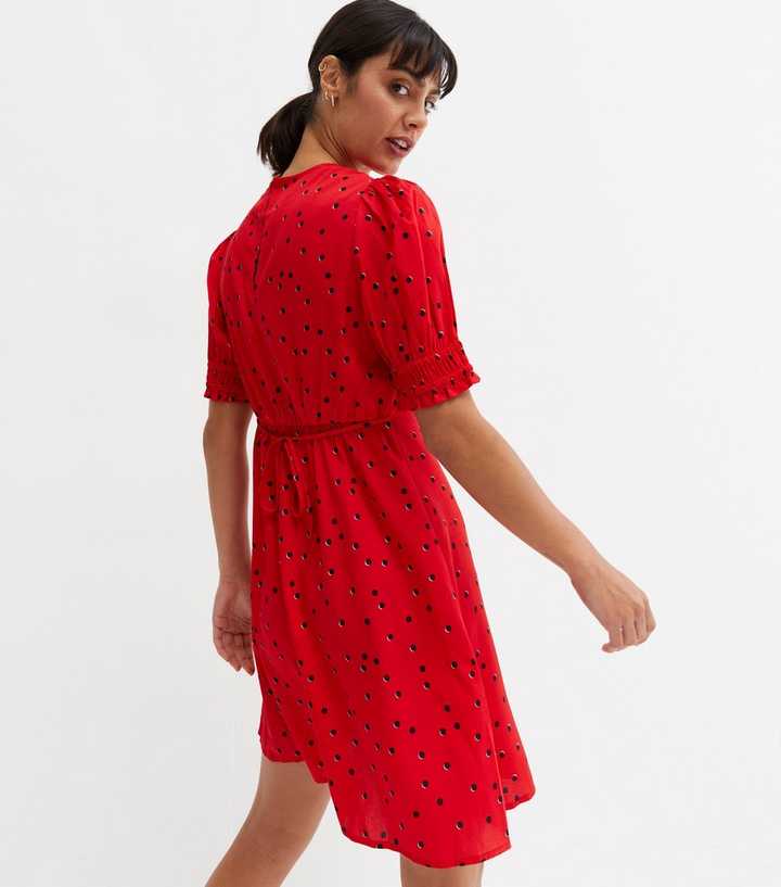 Red Spot Crepe Short Puff Sleeve Mini Dress