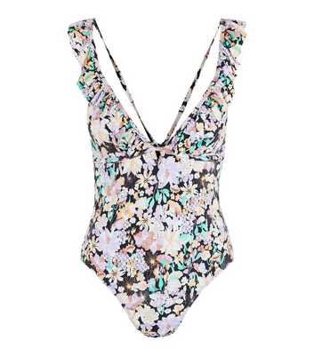 PIECES Black Floral Frill Swimsuit